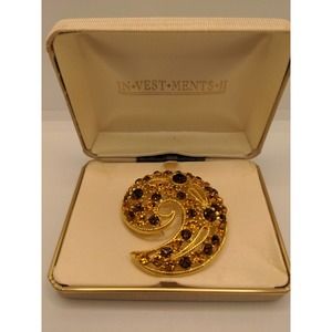Vintage MJENT Gold Tone Brooch With Brown And Gold Crystal Crescent Circle Shape